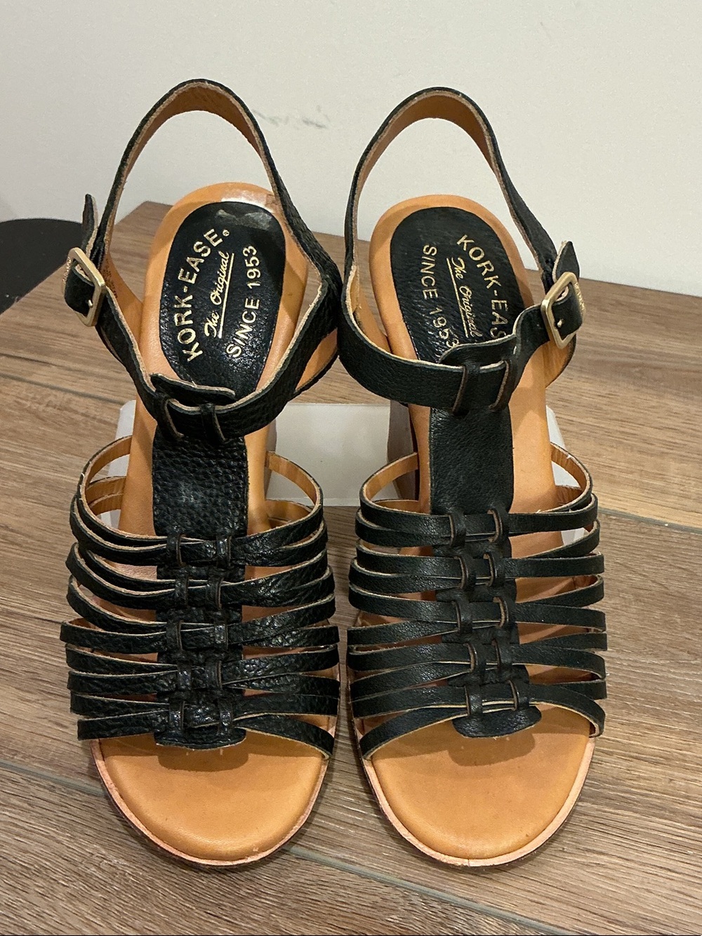 Kork-Ease Black Multi-Strap Leather Slingback Sandals, size 8